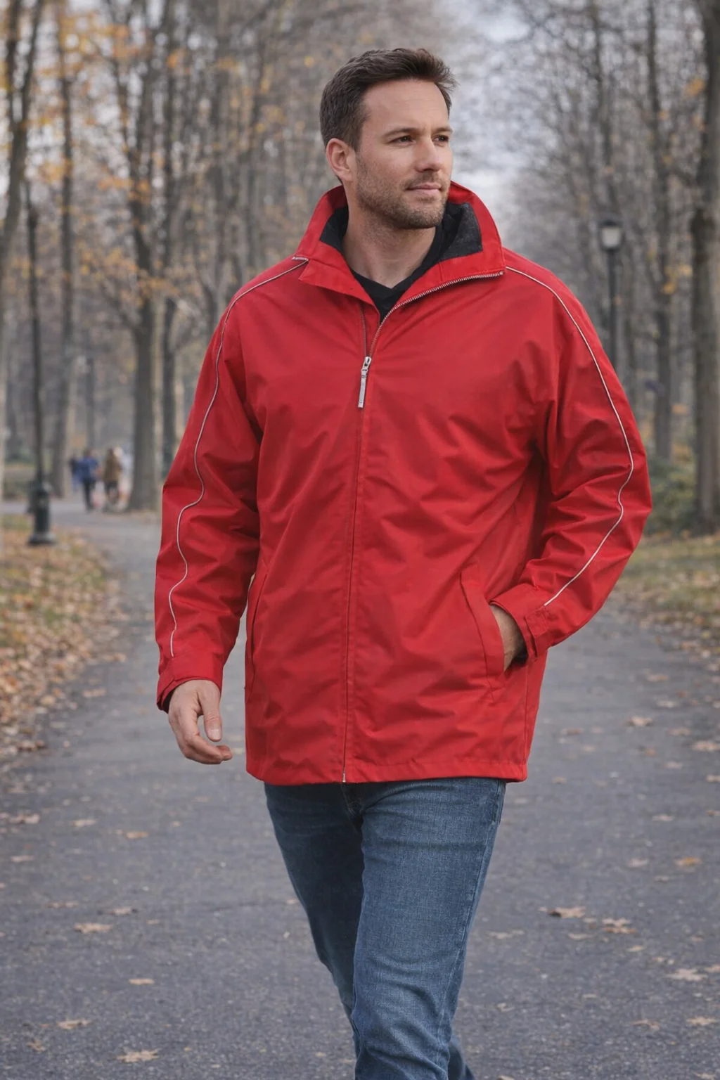 Man in a Circut Custom Logo Jacket walks on a tree-lined autumn path in the park.