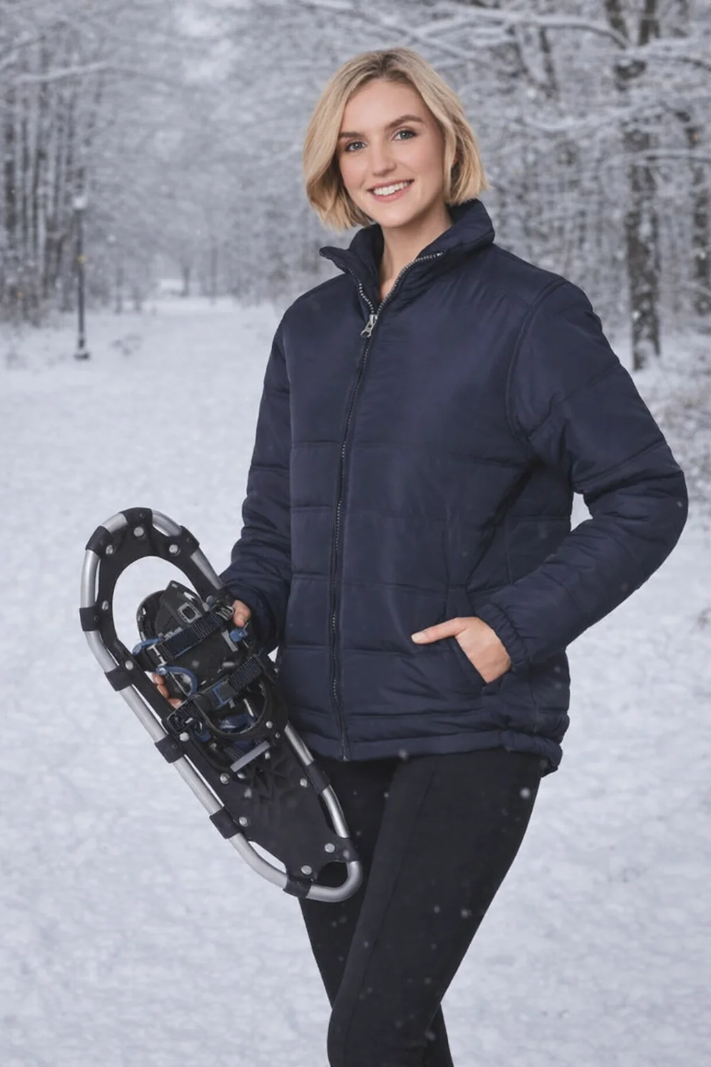 Smiling woman wears Pos Adult's Heavy Quilted Jacket, holding a snowshoe on snowy forest path.