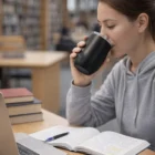 Woman studies in a library, sipping from a Cleves 350 Ml Double-Wall Cup with books and laptop.