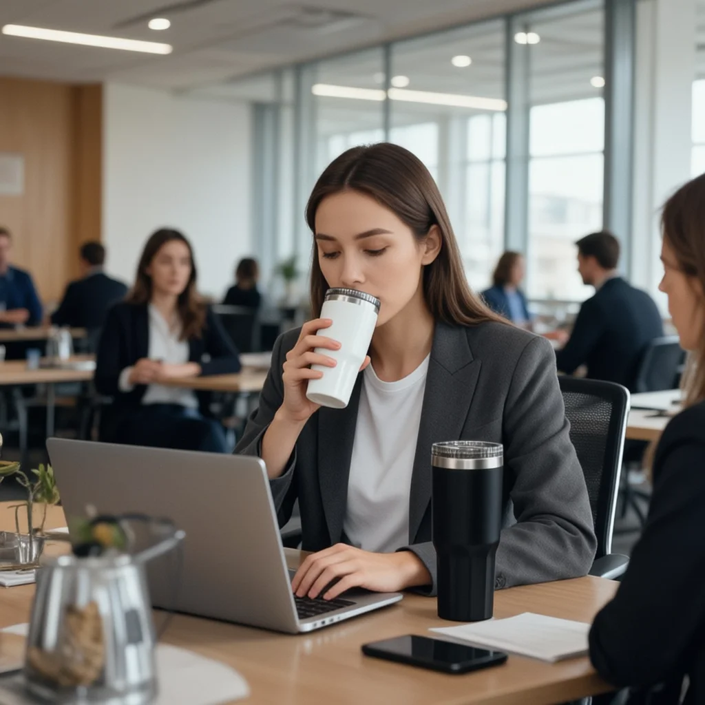 Woman in business attire sips from a Monthey Insulated Vacuum Mug while working on her laptop.