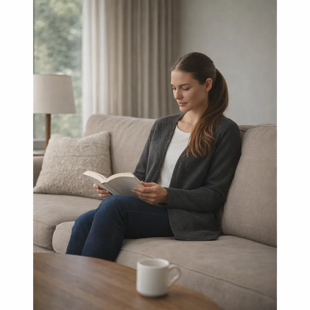 Woman in a Women's Mayfair Open Cardigan relaxes on a sofa reading with a mug nearby.