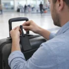 Man attaches a Rover Luggage Tag to a black suitcase handle in an airport terminal.