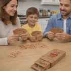 A family of three smiles while playing Gambit Recycled Playing Cards at the kitchen table.