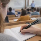 Student takes notes in a lecture hall, writing with Caldwell Metallic Finish Pens.