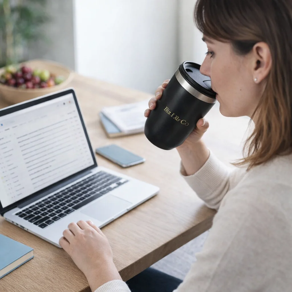 A woman enjoys Buzz Brew Cups coffee while checking email on her laptop at a wooden desk.