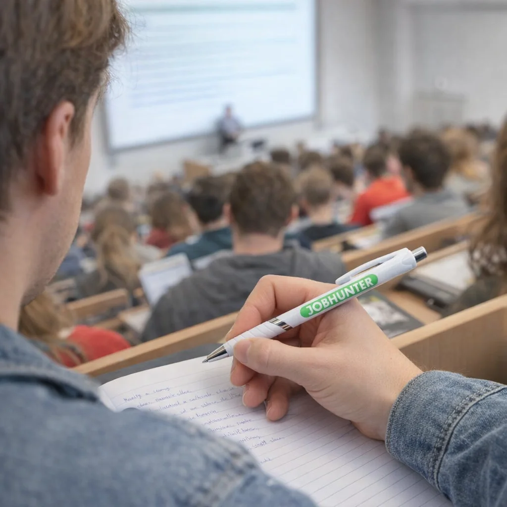 Student taking notes in a crowded lecture hall, holding a pen labeled Zetris Pens.