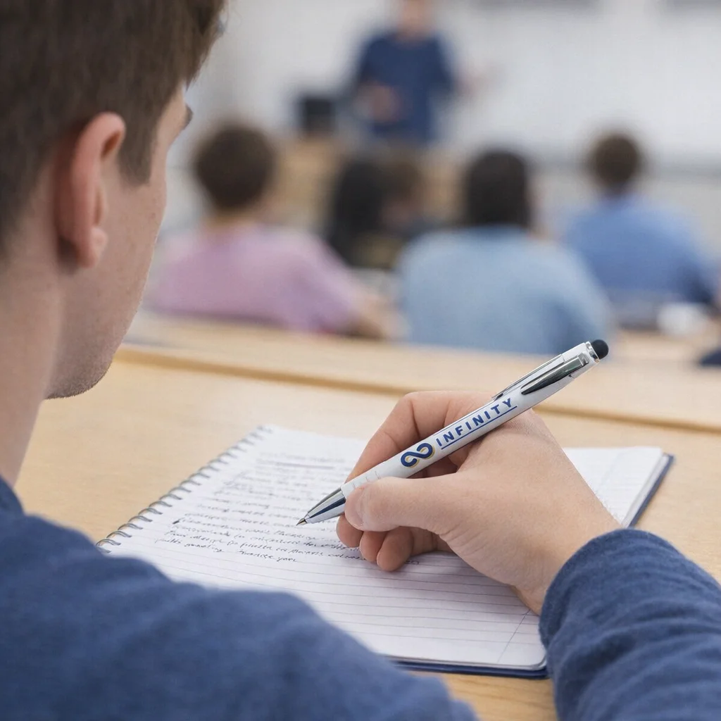 Student taking notes in class with Elvie Pen And Stylus Sets, others studying behind.
