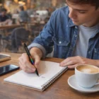 Young person using Pencraft Pen And Stylus to write in a notebook at a café with coffee and phone.