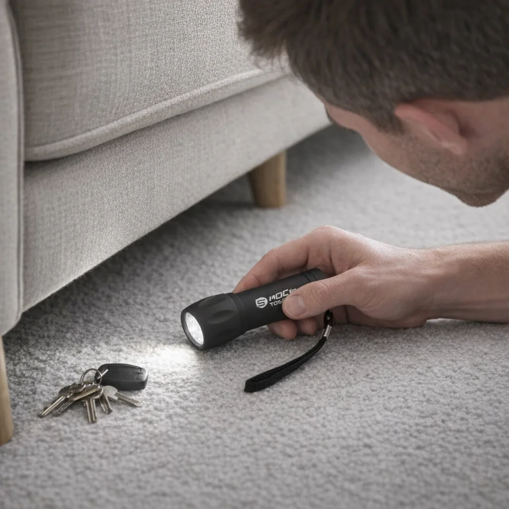 A man uses a Modo Torches flashlight to look for keys under a gray couch on carpet.