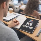 Student taking notes in a Grasmere A5 Notebook open to virtual meeting screenshots.