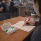 Person using Corporate Highlight Markers In Cases to highlight notes at a café table.