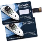 Two Bluewater Boat Insurance cards with a boat image; one has a USB drive extended.