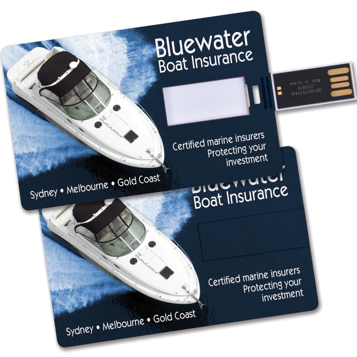 Two Bluewater Boat Insurance cards with a boat image; one has a USB drive extended.