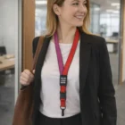 Businesswoman smiles indoors, showcasing Neoprene Promo Lanyards with Your Logo Here.