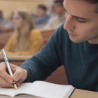 Young man writing with a Lamy Cp1 Platinum Fountain Pen in a notebook during class.