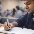 A student writing in a notebook with a Lamy Logo Twin Pen during a lecture in class.