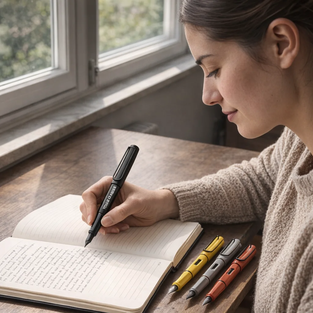 Woman writes in a notebook with a Lamy Safari Fountain Pen by a bright, sunny window.