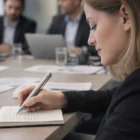 Woman using a Lamy Studio Ball Pen at a meeting, with colleagues and laptops in the background.