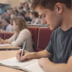 A student takes notes with a Lamy Swift Rollers Palladium in a busy lecture hall.