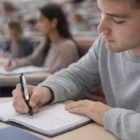 Student writing in a notebook with a Lamy Tipo Branded Pen, classmates blurred behind.