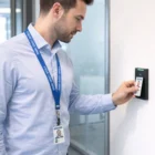 Man scans an ID badge with Lanyard Attachments on a wall-mounted card reader in an office.