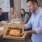 Man holding Large Corporate Chocolate Boxes with a congratulatory note in an office meeting room.