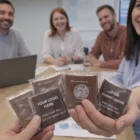 Four people at a meeting table holding Large Corporate Chocolates Cello with company logos.