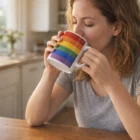 Woman sips from an Lgbt Rainbow Design Ceramic Mug, showing pride at her kitchen table.