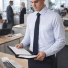 Man in office reads at his desk, wearing a GAR II Men’s Mini Check Long Sleeve Shirt.