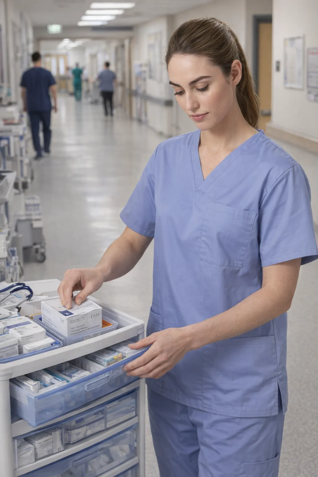 Nurse wearing Unisex Scrub Tunic Tops organizes supplies in a hospital hallway.