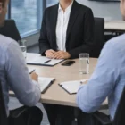 Woman in Premium Strip Jacket at meeting table with colleagues, documents, and water.
