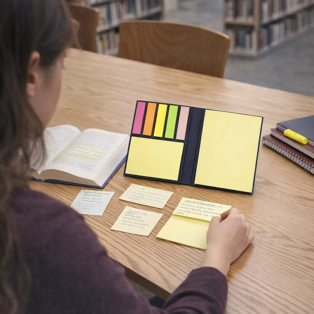 Someone studies with Vertis Handy Sticky Note Pads at a library table.