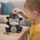 Young boy puts a coin into Mickey The Monkey Coin Savings Bank, shaped like a monkey with a banana.