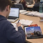 Student writing at a desk with a laptop, books, and a Large Deluxe Printed Mouse Pad.