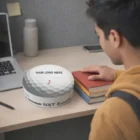 A person sits at a desk with books and Magic Prism Disks by a golf ball-shaped box.