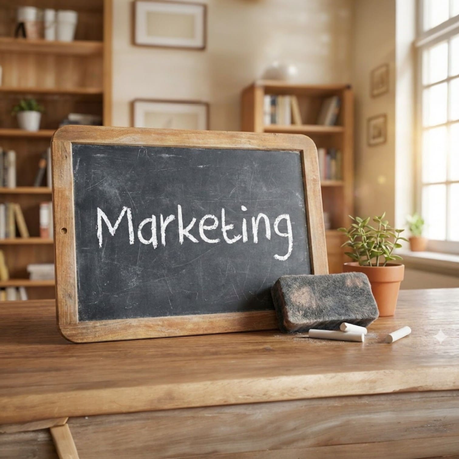 Chalkboard with Marketing written on it, often seen in creative marketing agencies' offices.