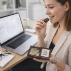 Woman at desk eating Medium Corporate Chocolates Colour Cello with custom logo and baby photo.
