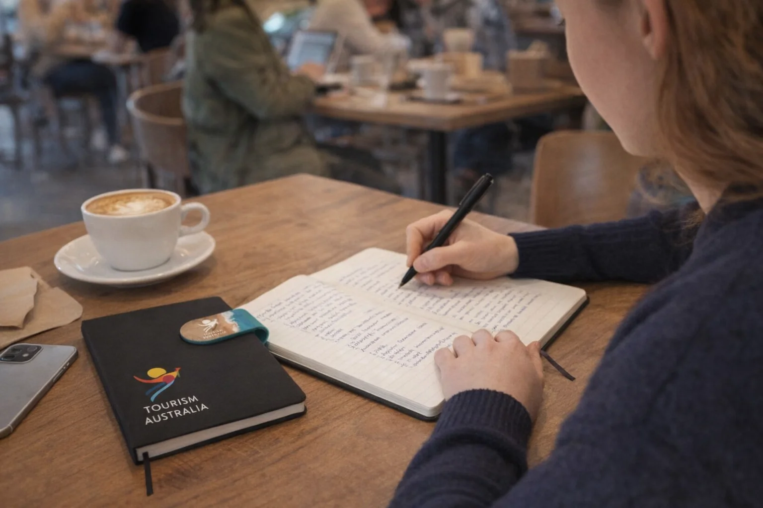 Person writing in a Bio Plus Rpet A5 Notebook at a café, with coffee and an Australia folder.