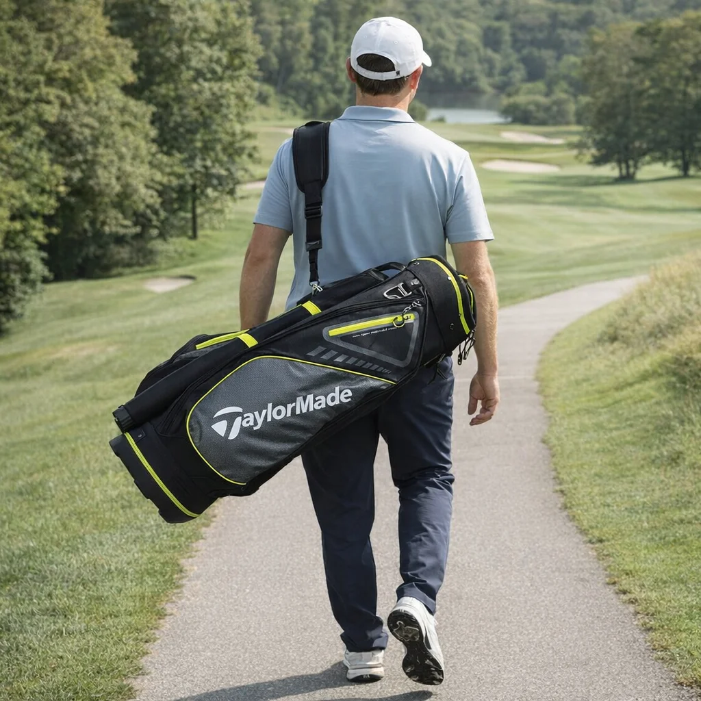 Man carrying a Taylormade Select Lx Black Lime Cart Bag on a golf course path.