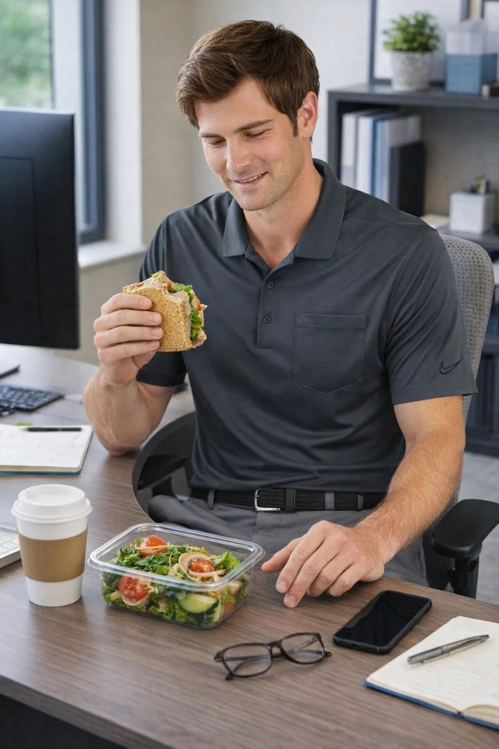 Smiling man at desk in Nike Dri-Fit Micro Pique 2.0 Pocket Polo with salad, coffee & phone.