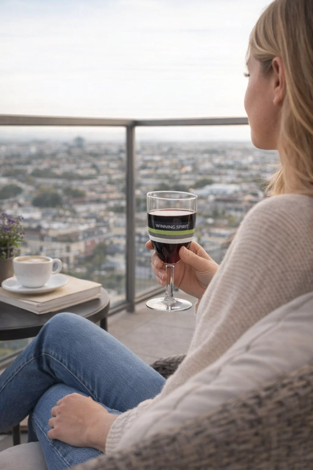 Woman holding a Plastic Wine Resort 200Ml glass on a balcony overlooking a cityscape.