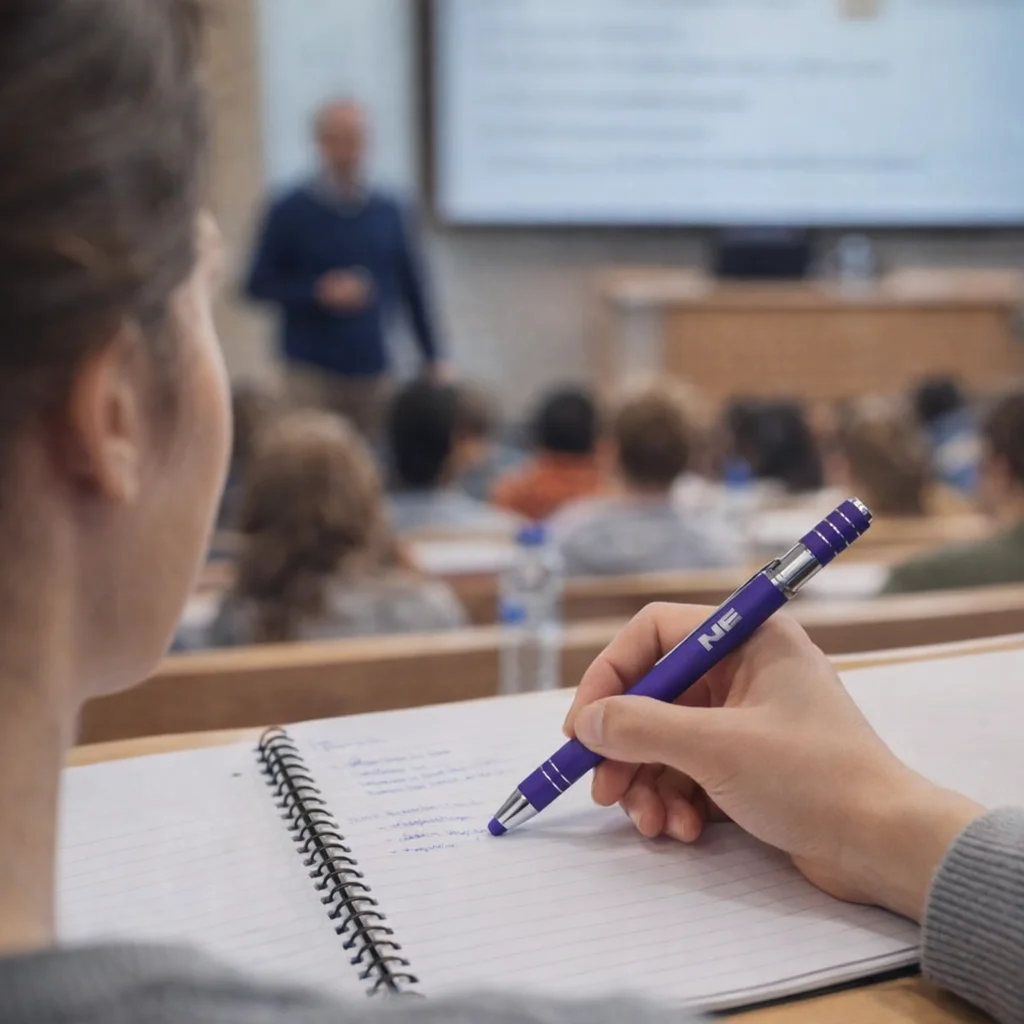 Student taking notes with Stylish Custom Office Pens during a lecture.