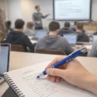 Student using Gm Rubber Coating Stylus Pens as teacher presents in a laptop-filled classroom.