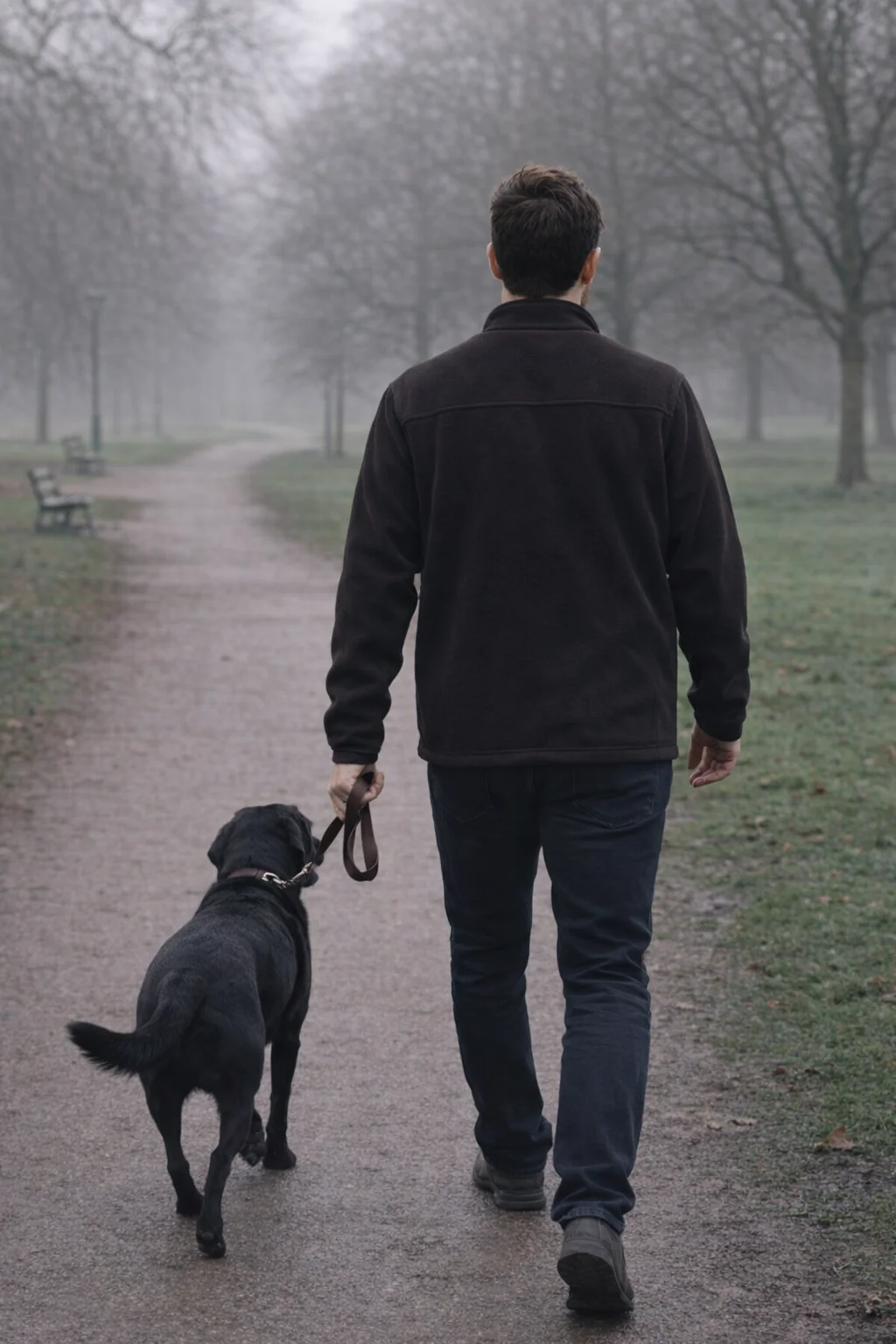 Man in a Mens Polar Fleece Zip Custom Printed Jacket walks his black dog on a foggy path.