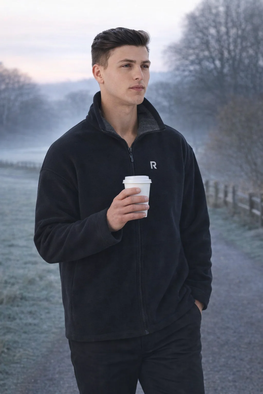 Man in Mens Polar Fleece Contrast Branded Jacket holds coffee on frosty path.