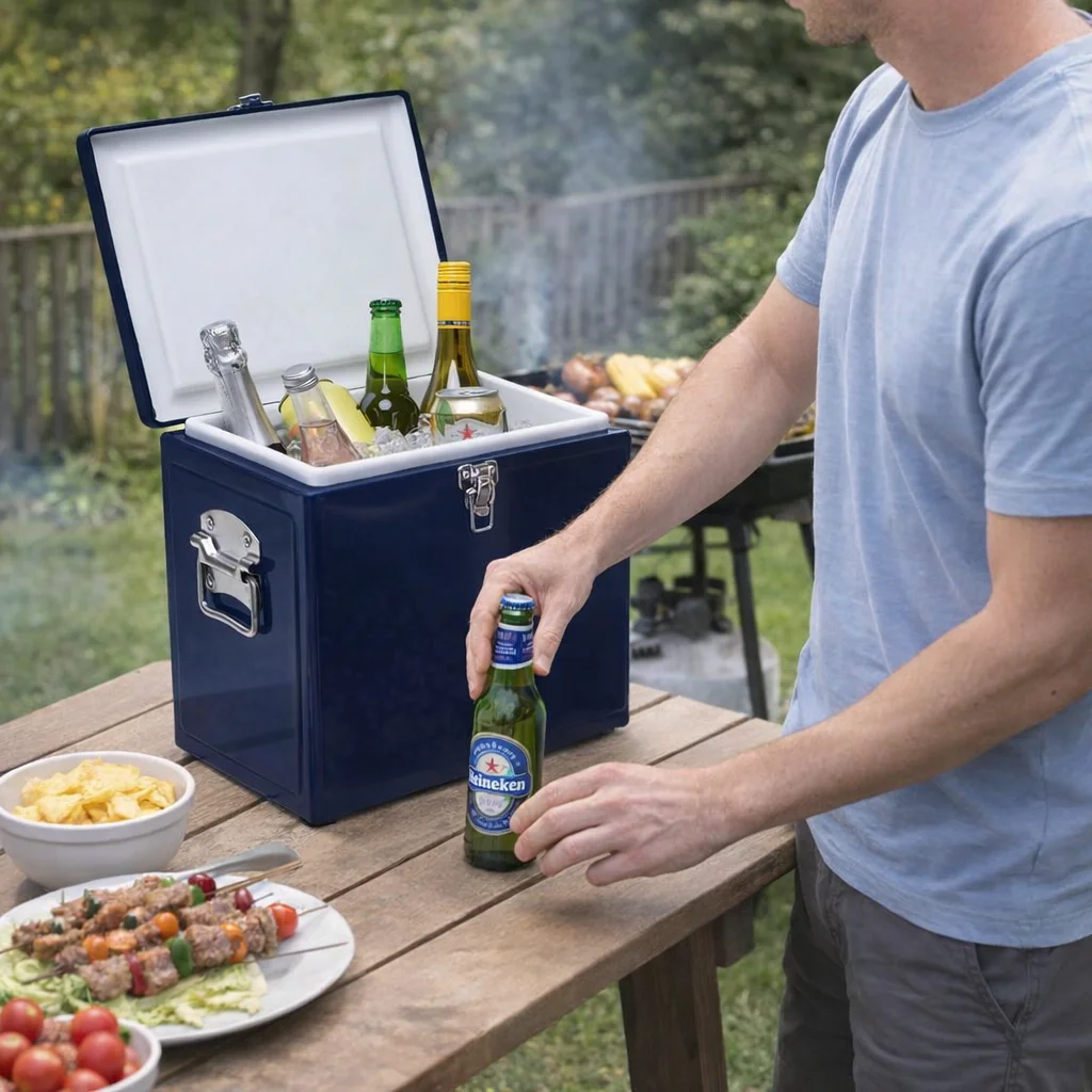 Grabbing a beer from a Bambin Vintage Cooler Box on a picnic table with grill in the background.