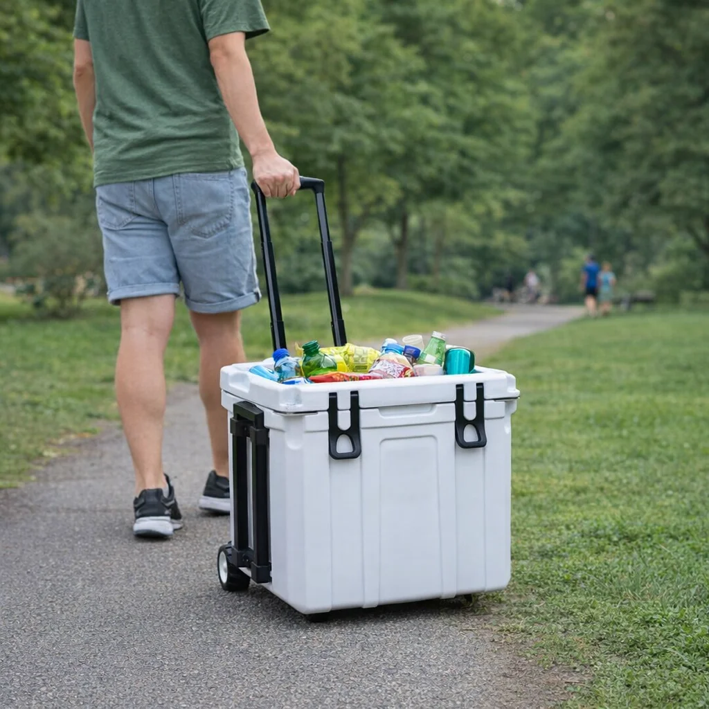 Person pulling a Cooler Boxes With Wheels 31L filled with drinks and snacks along a park path.