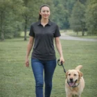 Woman in Stormtech Women’s Eco Performance Polo walks a yellow Labrador in a grassy park.