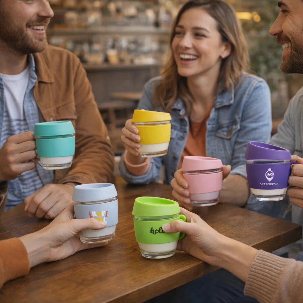 Five people smiling and holding 8 Oz Thermal Insulated Coffee Cups around a table.