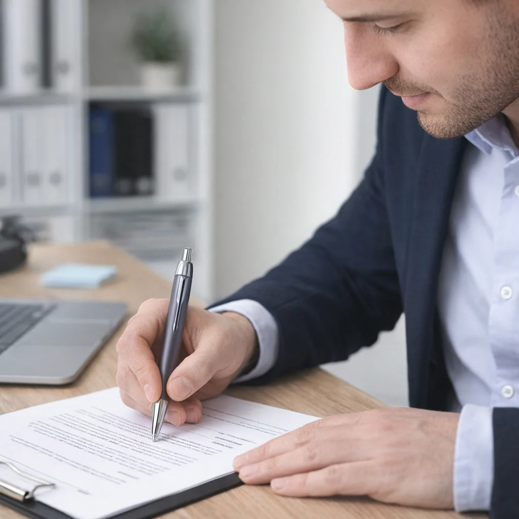 Man in suit signs a document with a Parker Im Series pen at desk with laptop and files.